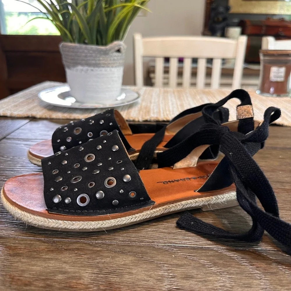 Lucky Brand Daytah 2 Black Leather Studded‎ Ankle Tie Espadrille Sandals 6M